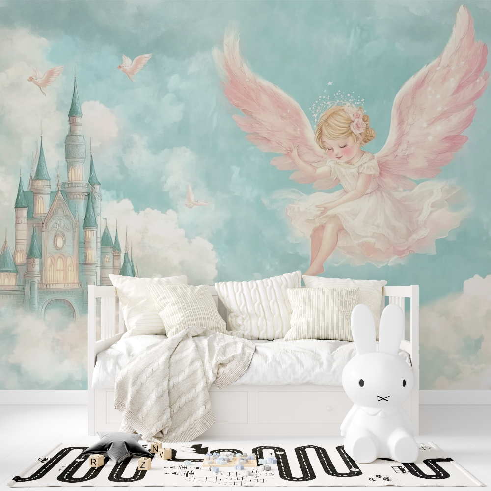 Fairy Castle Mural Wallpaper | Dreamy Angel and Pink Wings