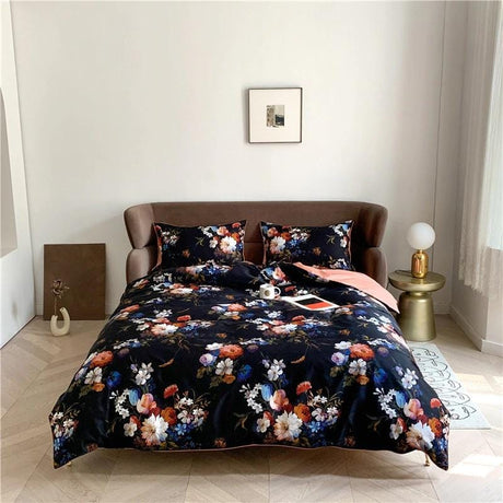 Floral Duvet Set  Egyptian Cotton Dark Botanical Print - Product showcase