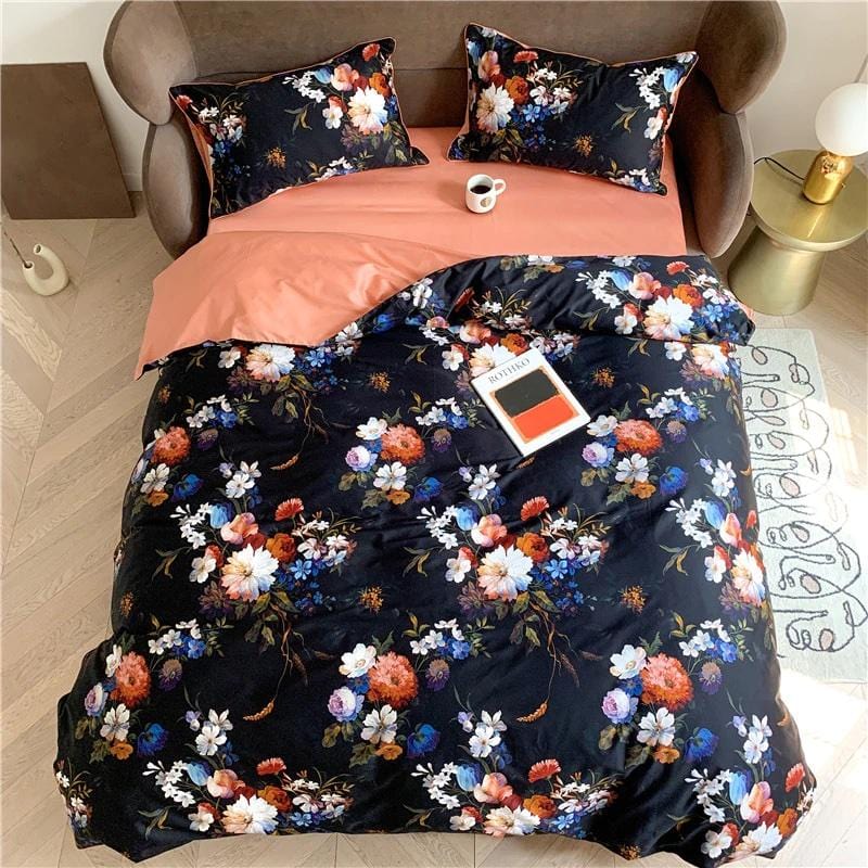 Floral Duvet Set  Egyptian Cotton Dark Botanical Print - Detailed view