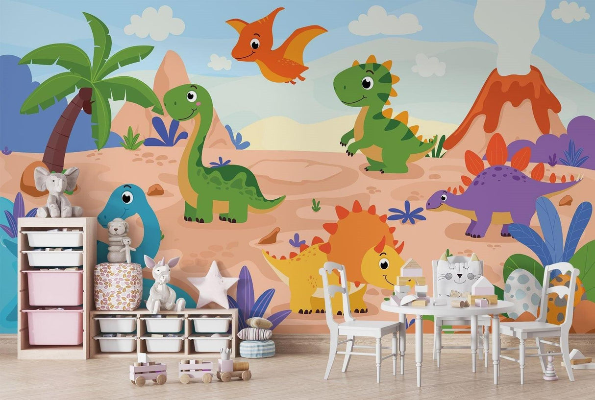 Papier Peint Mural Dinosaure | Scène d'Aventure Préhistorique Dessin Animé