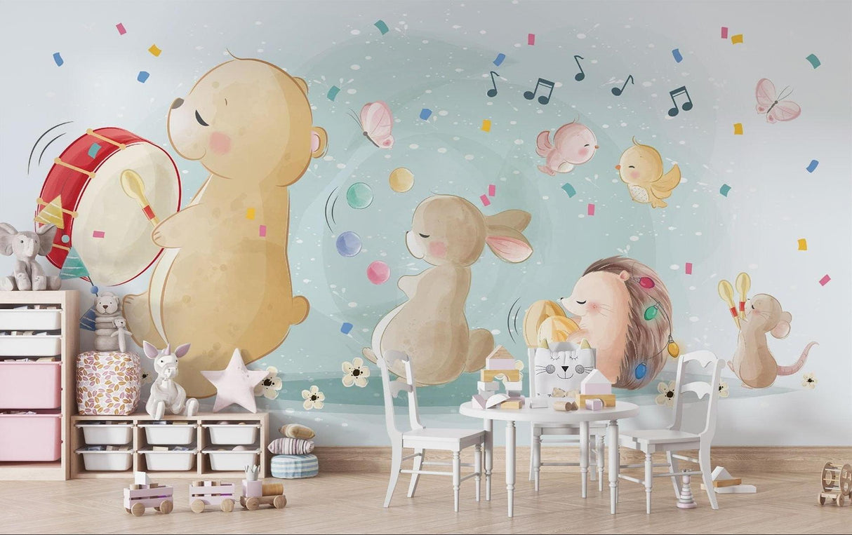 Musikalische Tiere Tapete | Verspielte Kinderzimmer-Band mit Bär und Hase