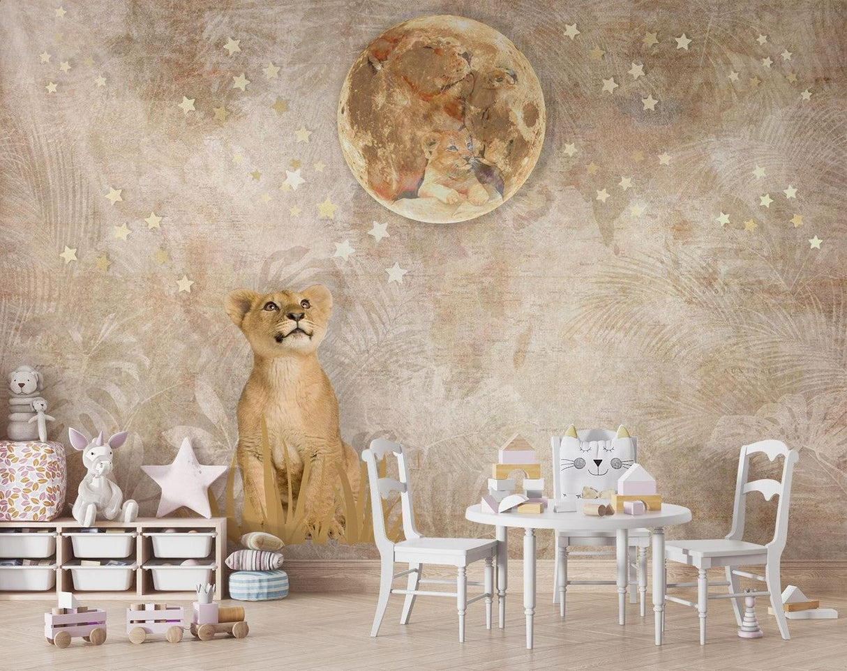 Safari Löwe Tapete | Traumhaftes Mond- und Sternendesign