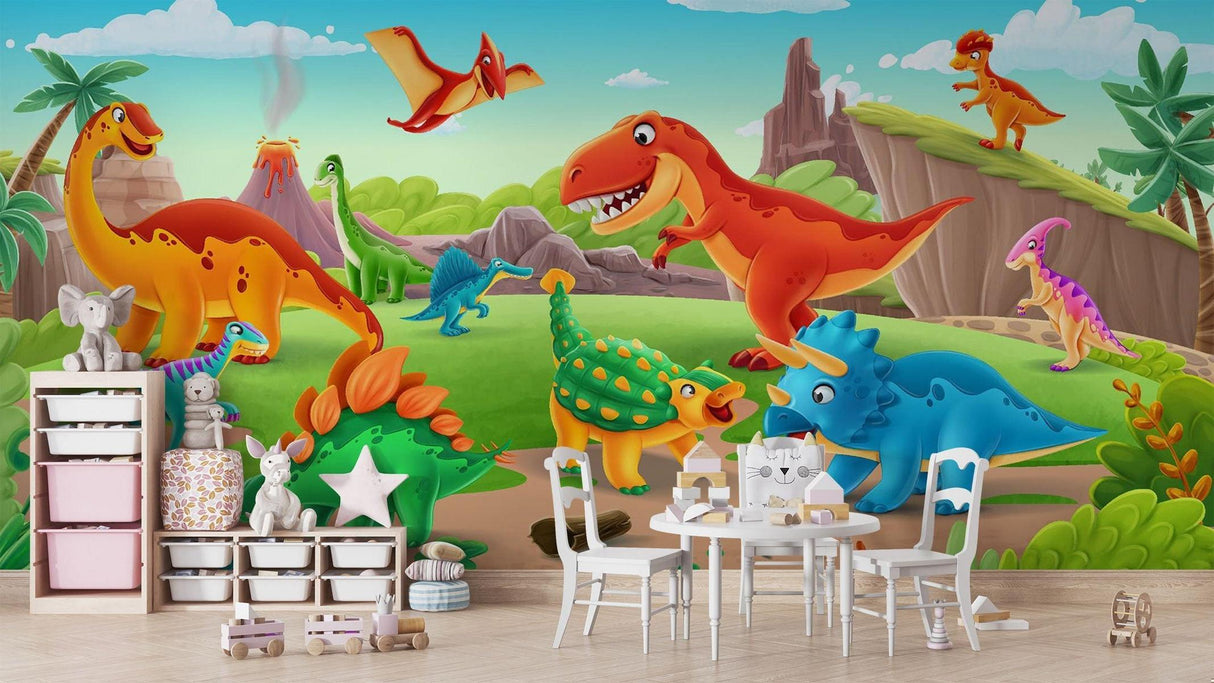 Dinosaurier Tapete | Bunte prähistorische Abenteuerszene