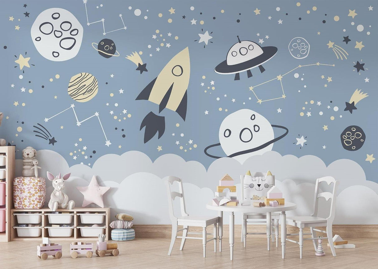 Space Mural Wallpaper | Galaxy Adventure with Rockets and UFOs