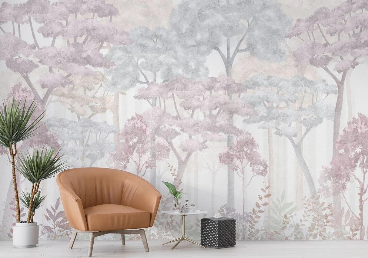 Wald Tapete | Traumhafte rosa und graue Aquarellbäume