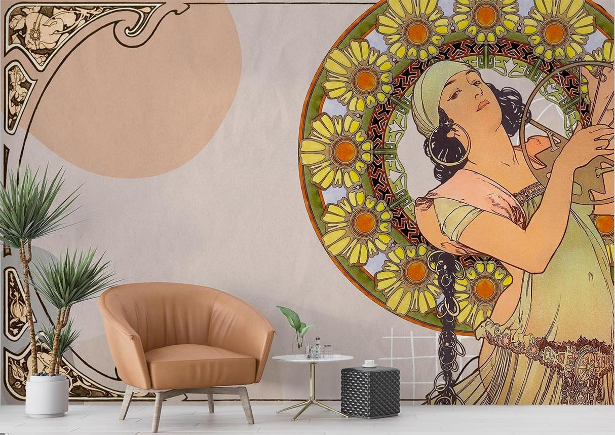 Art Nouveau Mural Wallpaper | Sunflower Medallion Design