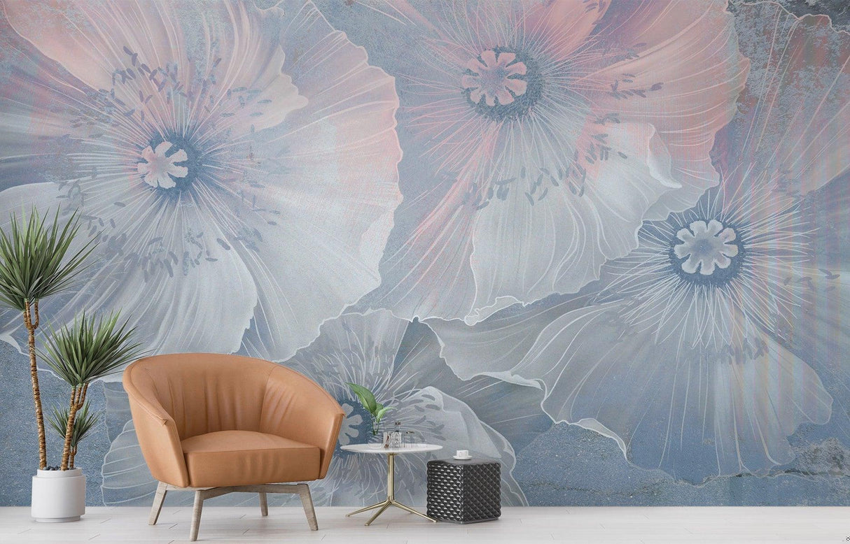 Floral Mural Wallpaper | Ethereal Blue and Pink Poppies