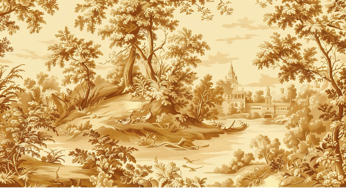 Vintage Mural Wallpaper | Classic Toile de Jouy Landscape in Gold