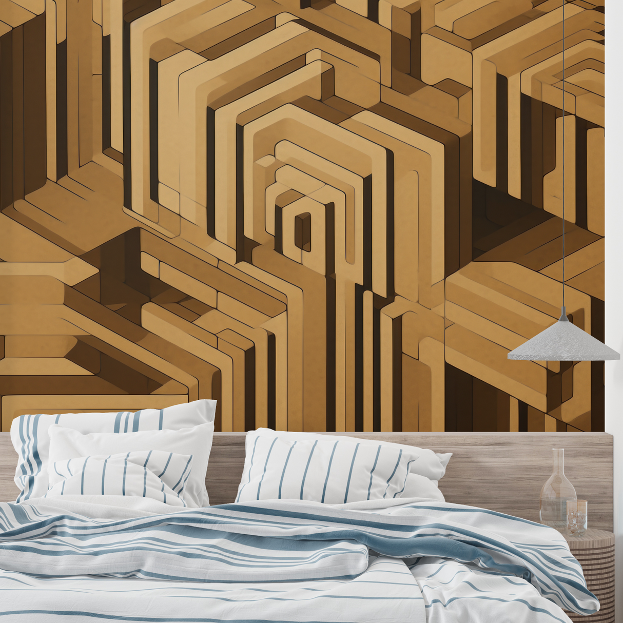 Geometric Mural Wallpaper | 3D Golden Labyrinth Design