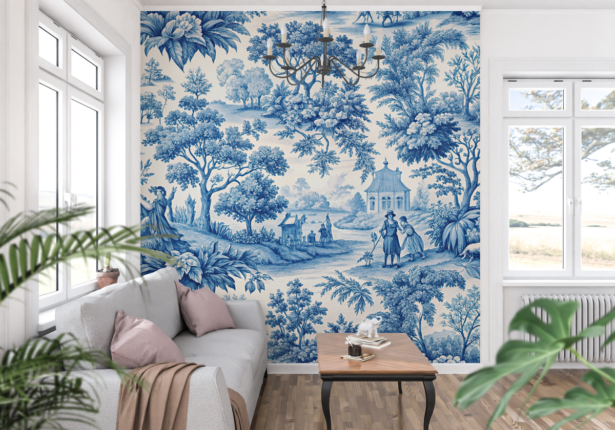 Vintage Mural Wallpaper | Blue Toile de Jouy Pastoral Scene