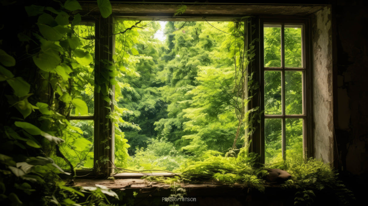Forest Window Mural Wallpaper | Enchanted Green View