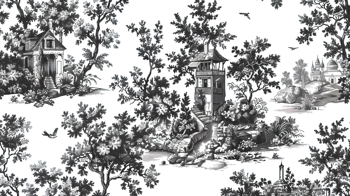 Vintage Mural Wallpaper | Black and White Toile de Jouy Scene