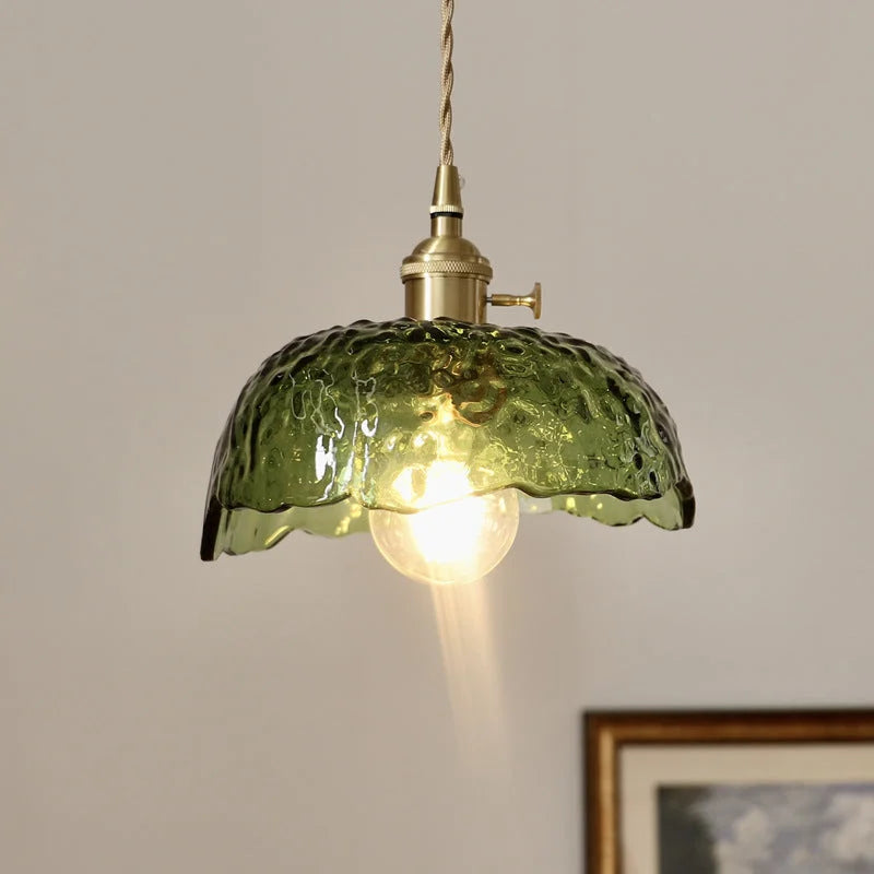 Green Glass Pendant Light  Rippled Brass Fixture - Detailed view