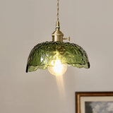 Green Glass Pendant Light  Rippled Brass Fixture - Detailed view