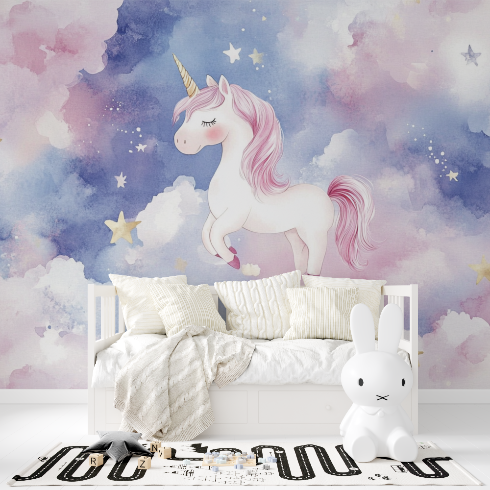 Unicorn Mural Wallpaper | Dreamy Pink and Blue Starry Sky