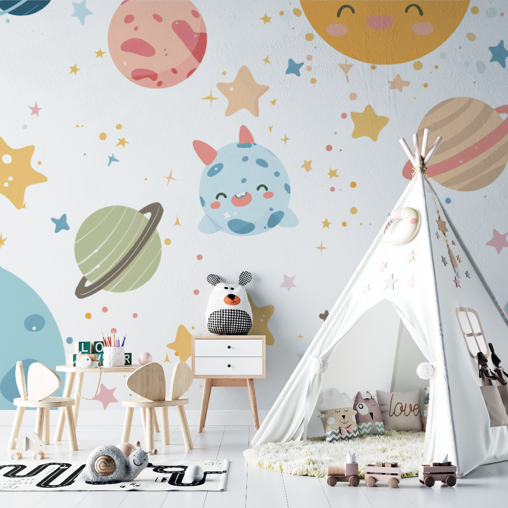Space Mural Wallpaper | Cute Planets and Stars Design
