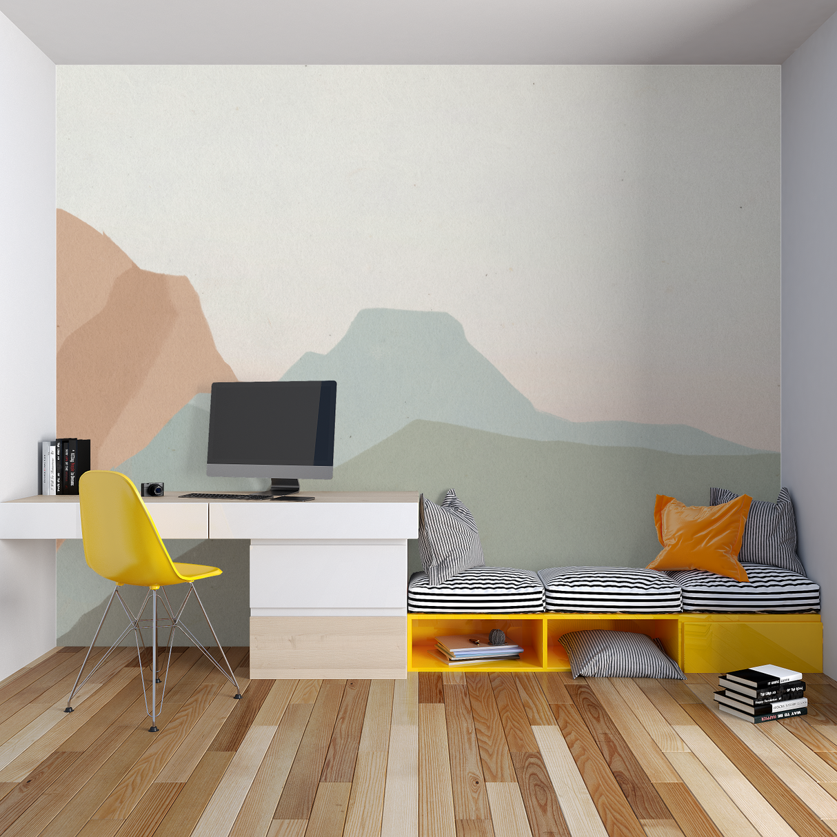Mountain Mural Wallpaper | Soft Pastel Landscape Design