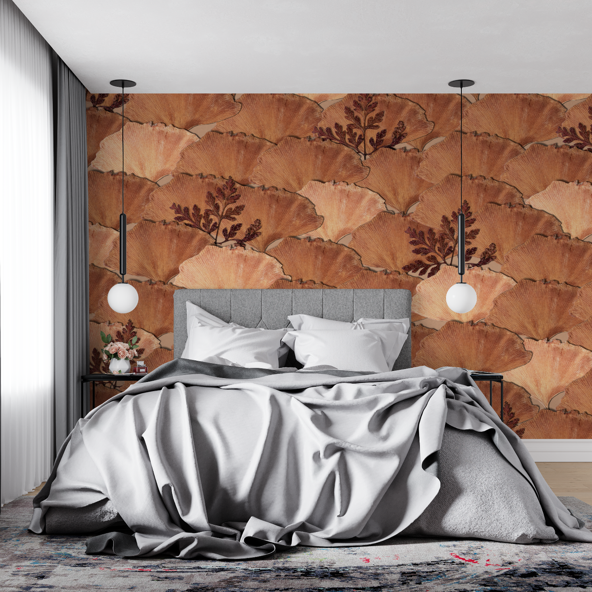 Art Deco Mural Wallpaper | Terracotta Fan Leaves Pattern