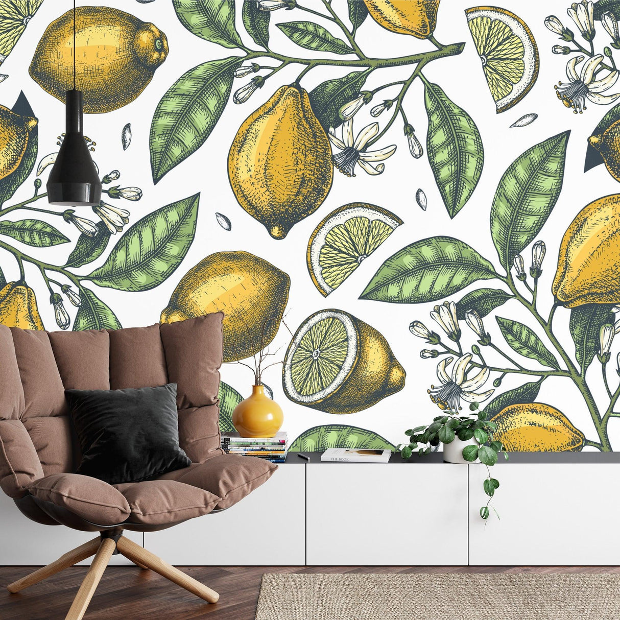 Citrus Mural Wallpaper | Vintage Lemon and Blossom Pattern