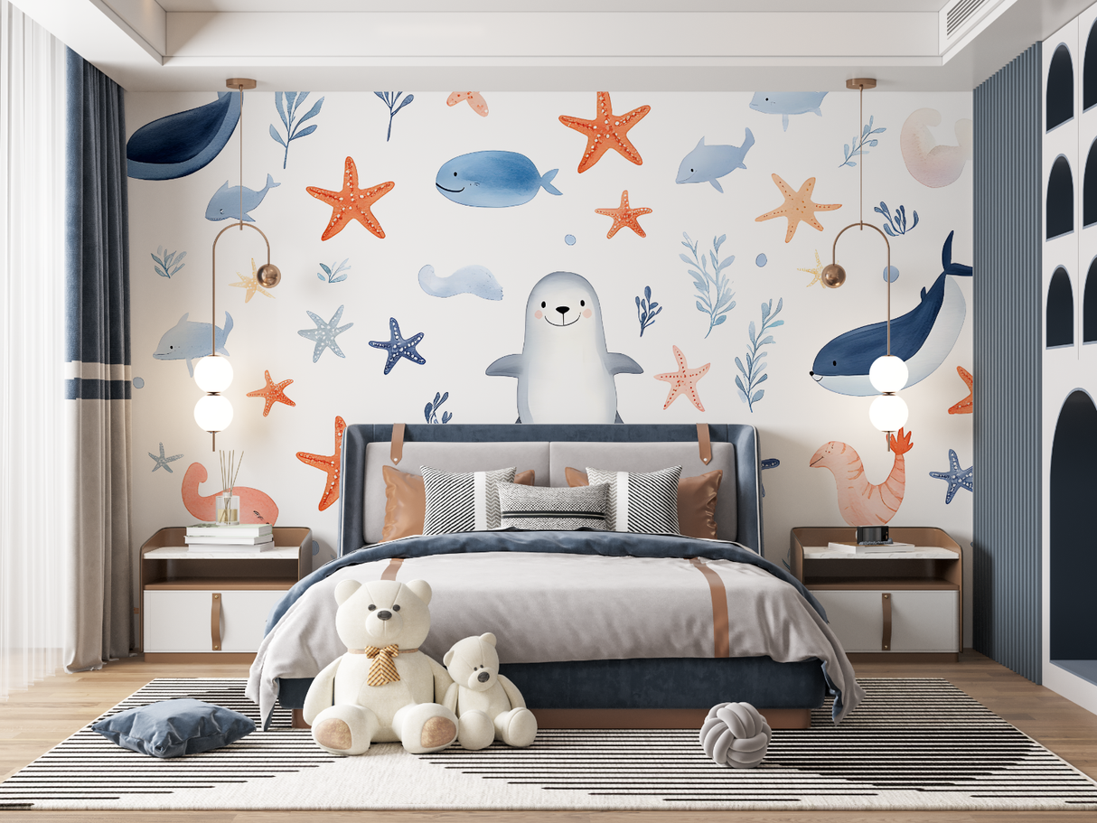 Marine Animals Mural Wallpaper | Whales and Starfish Kids Design