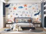 Marine Animals Mural Wallpaper | Whales and Starfish Kids Design