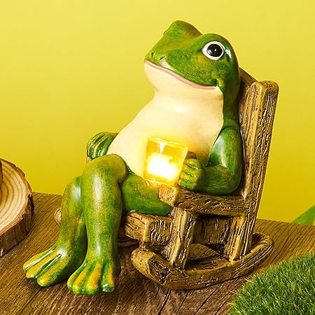 Solar Garden Frog Light  Hand-Painted Rocking Chair Design - Detailed view