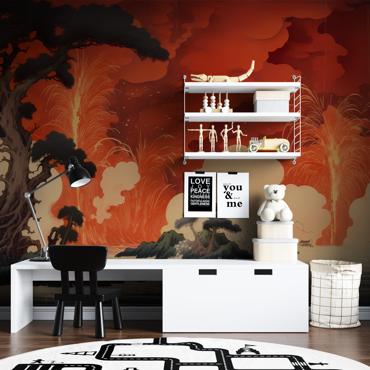 Volcano Mural Wallpaper | Japanese Red Landscape Art