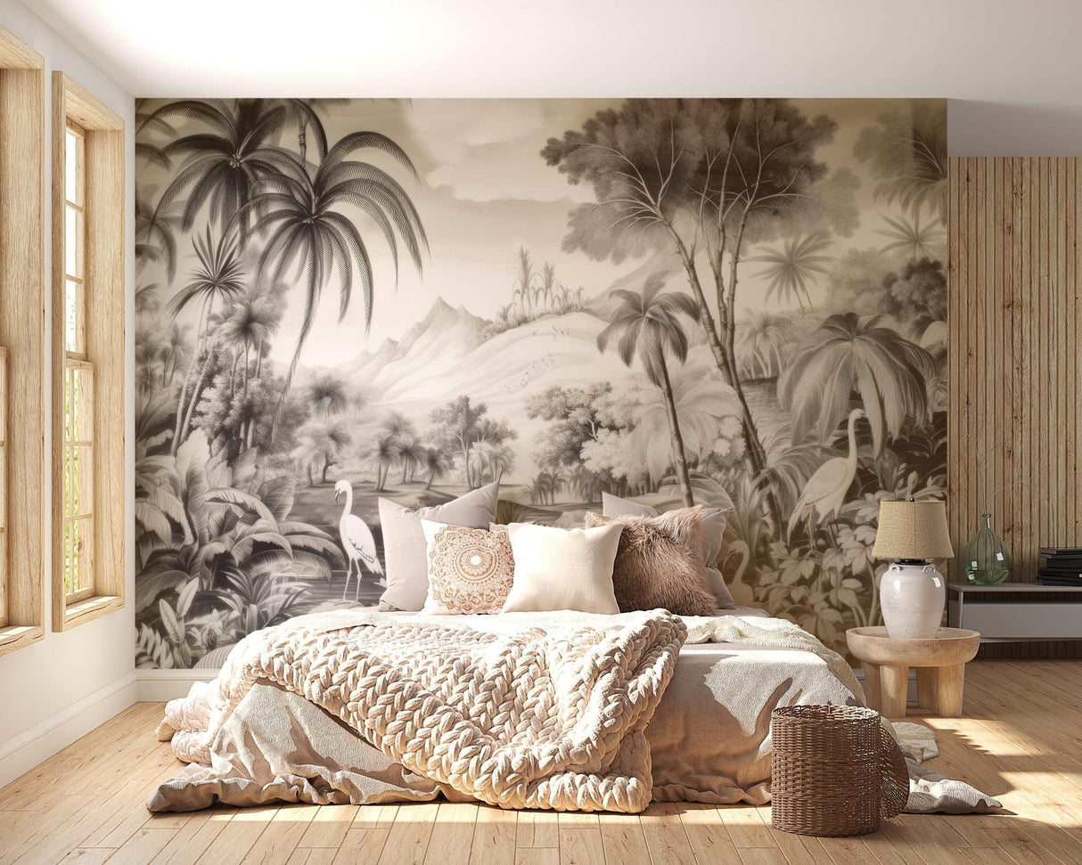 Tropical Paradise Mural Wallpaper | Monochrome Birds and Palm Trees