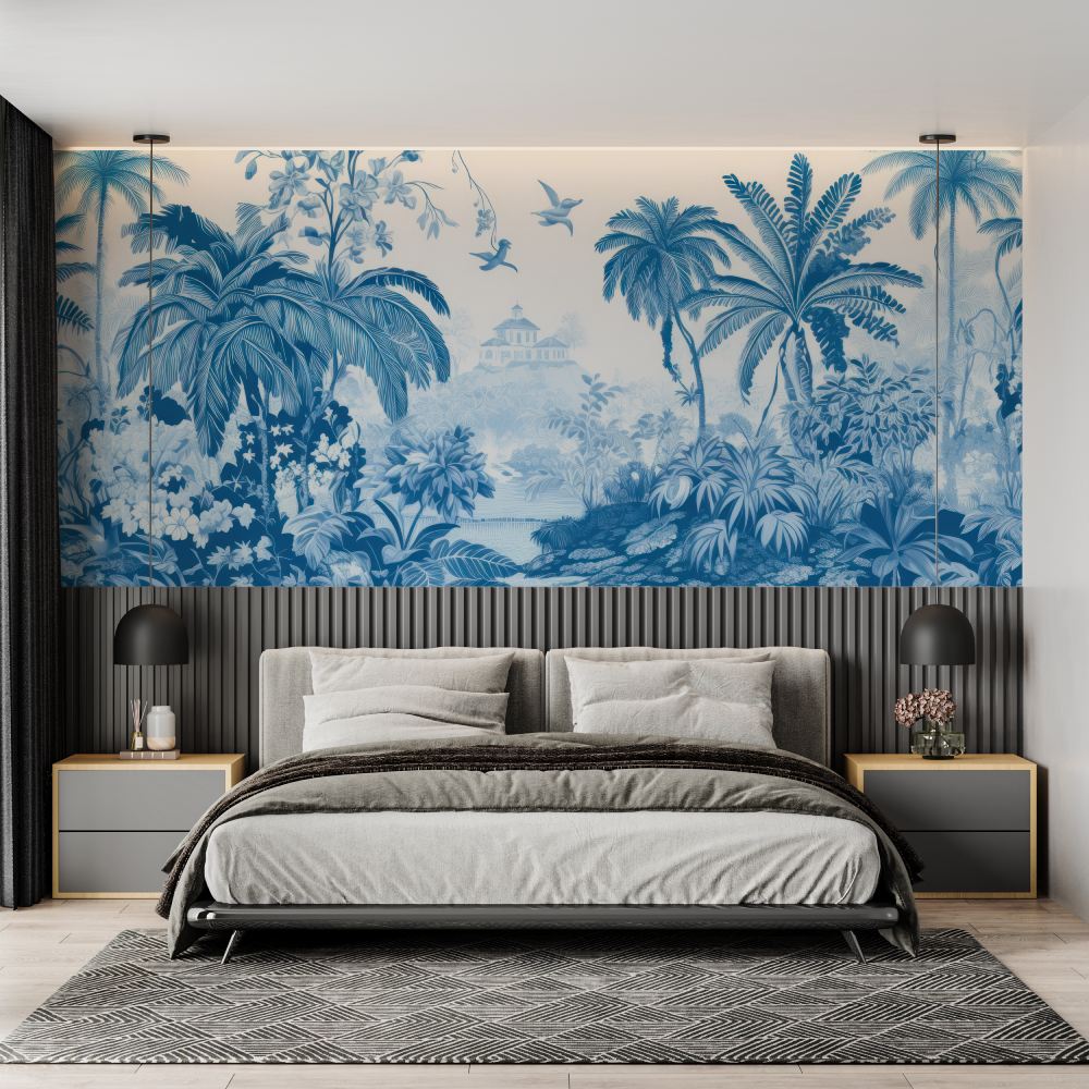 Tropical Mural Wallpaper | Blue Paradise Palm Scene