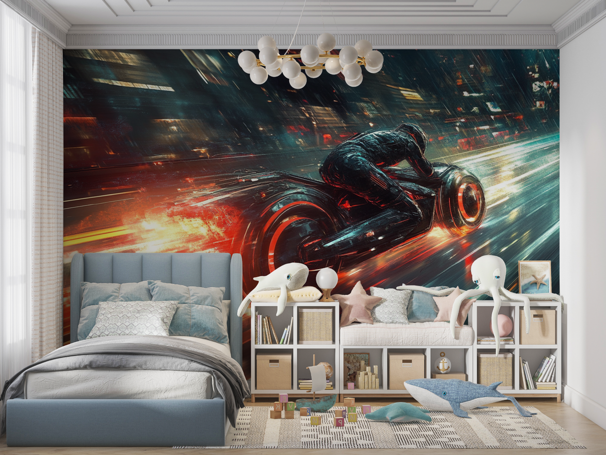Sci-Fi Mural Wallpaper | Futuristic Motorcycle Speed Design