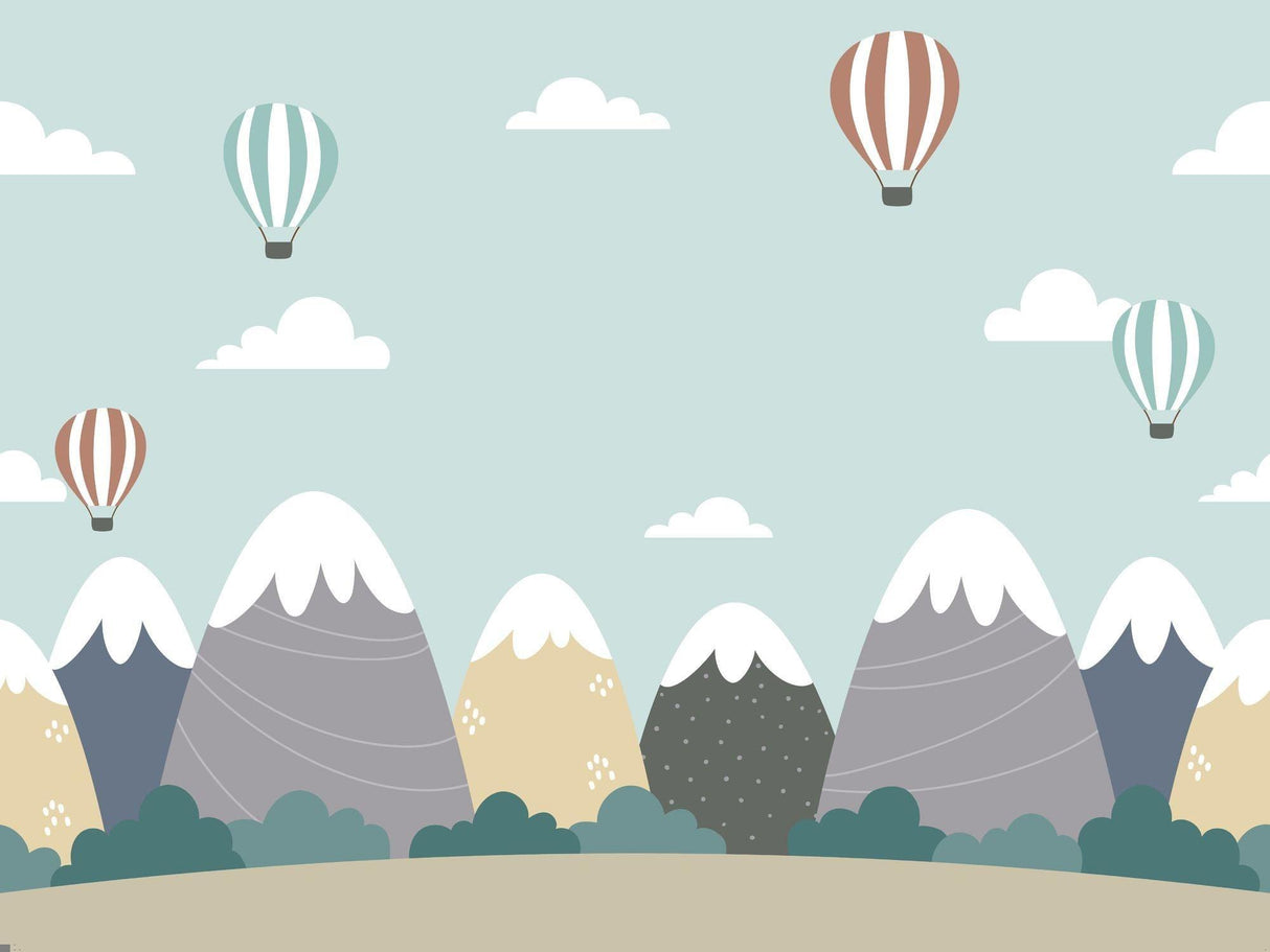 Mountain Mural Wallpaper | Hot Air Balloons and Snowy Peaks