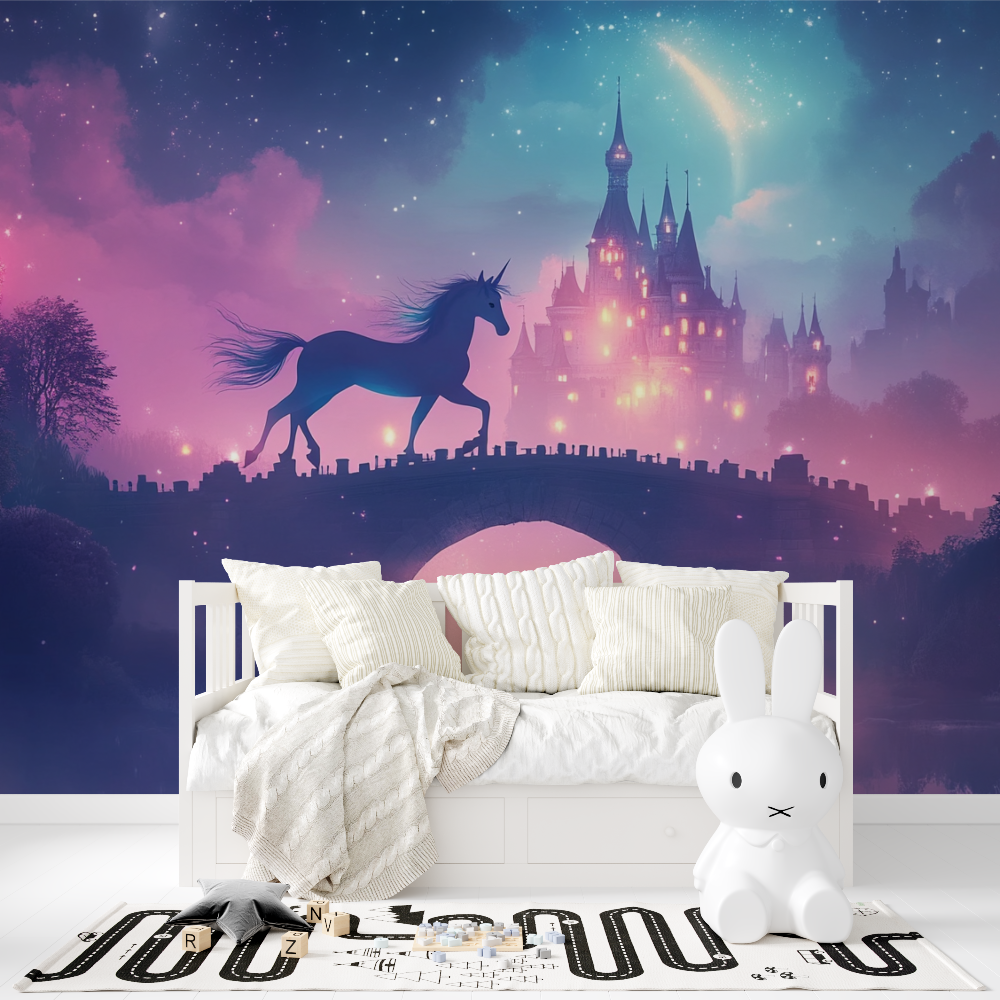 Unicorn Mural Wallpaper | Magical Castle in Pink Twilight Sky