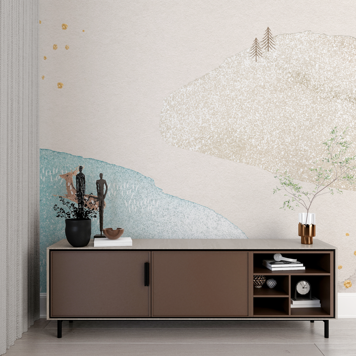 Mountain Mural Wallpaper | Nordic Watercolor with Gold Accents