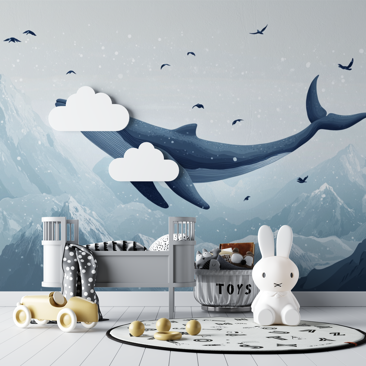 Ocean Mural Wallpaper | Flying Whale Over Mountains