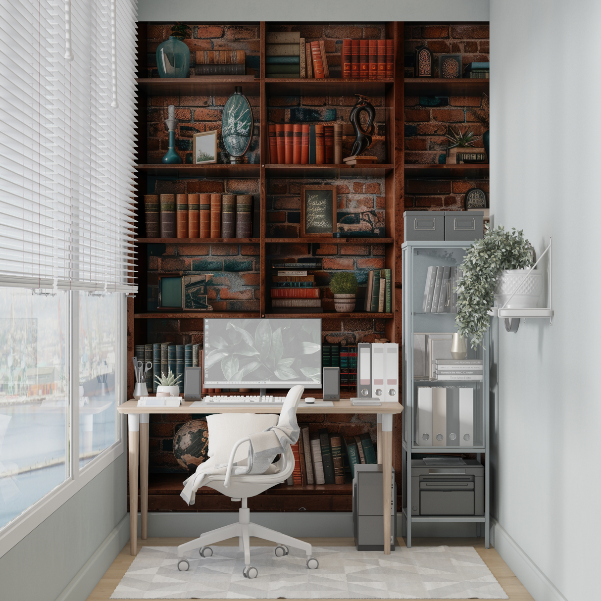 Library Mural Wallpaper | Vintage Bookshelf With Brick Wall