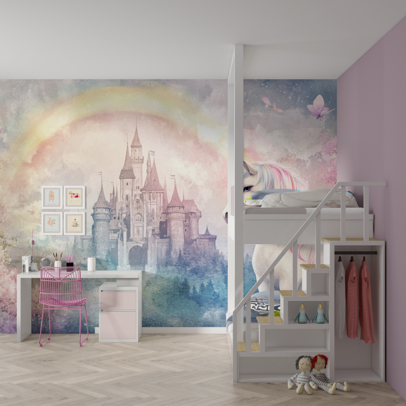 Princess Mural Wallpaper | Magical Unicorn and Castle with Rainbow