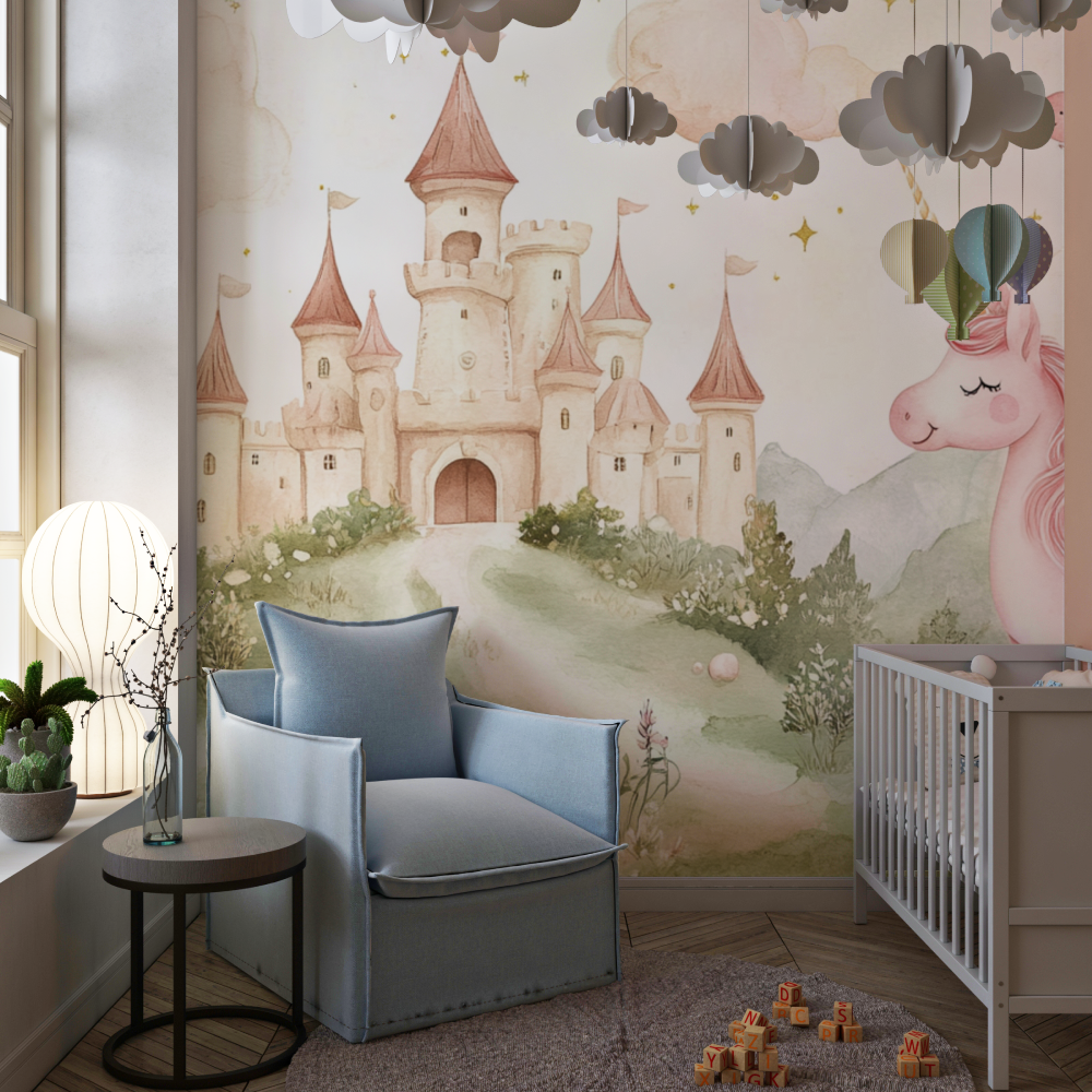 Princess Castle Mural Wallpaper | Magical Unicorn and Fairy Tale Design
