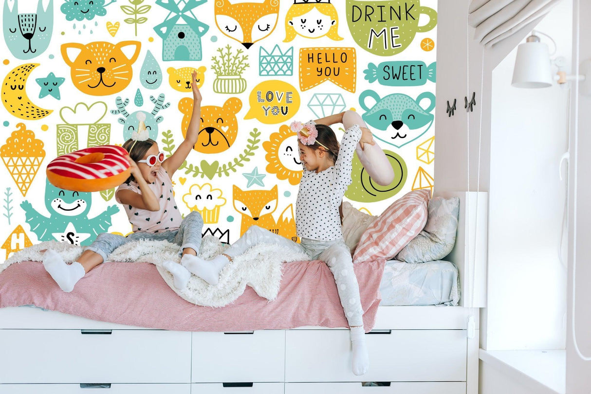 Kids Animal Mural Wallpaper | Playful Forest Friends Pattern