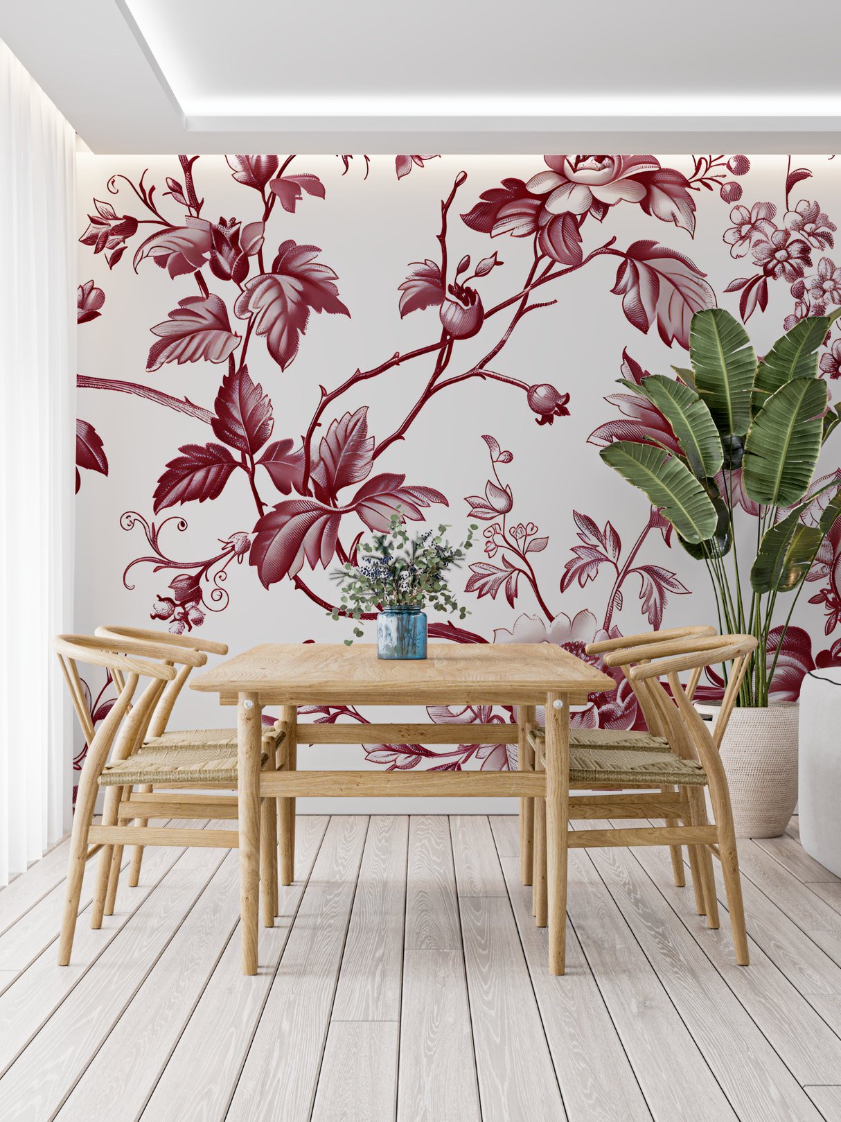 Floral Mural Wallpaper | Vintage Red and White Toile Design