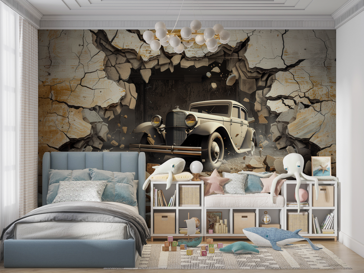 3D Car Mural Wallpaper | Vintage Automobile Breaking Through Wall