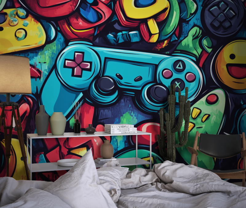 Gaming Mural Wallpaper | Colorful Retro Controller Graffiti