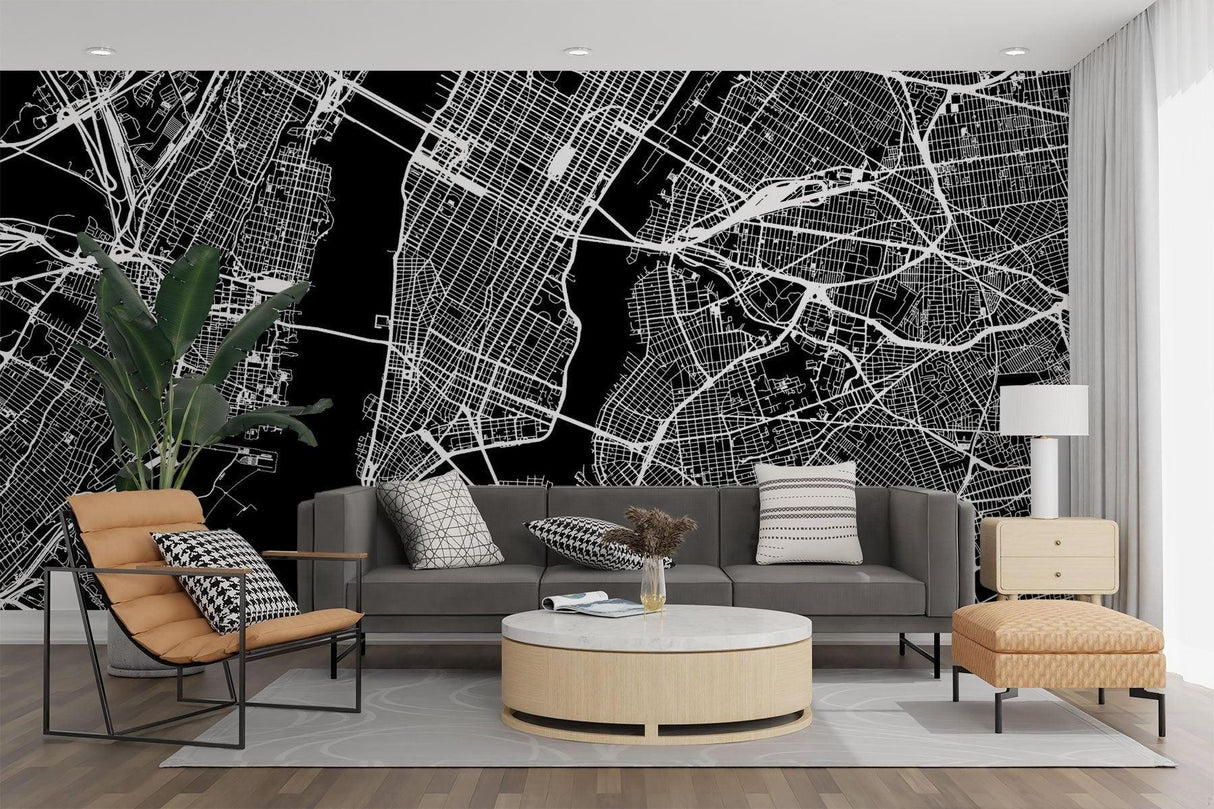 City Map Mural Wallpaper | Modern Black and White Urban Design