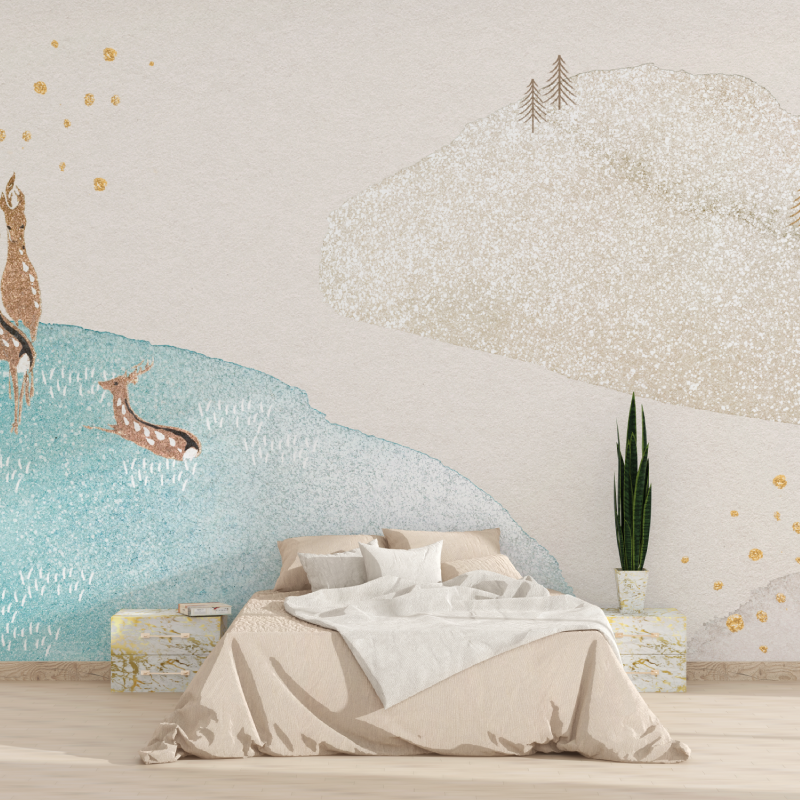 Mountain Mural Wallpaper | Minimalist Nature with Pine Trees