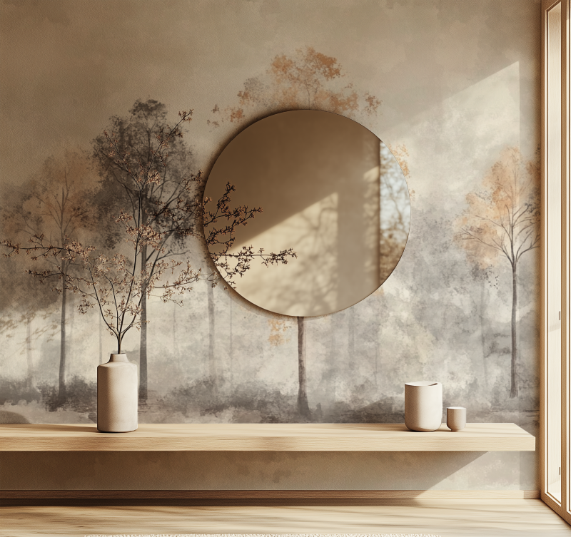 Forest Mural Wallpaper | Misty Trees in Grey and Terracotta