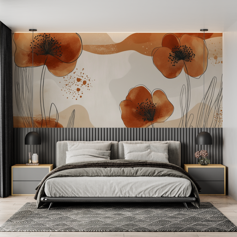 Floral Mural Wallpaper | Terracotta Watercolor Boho Design