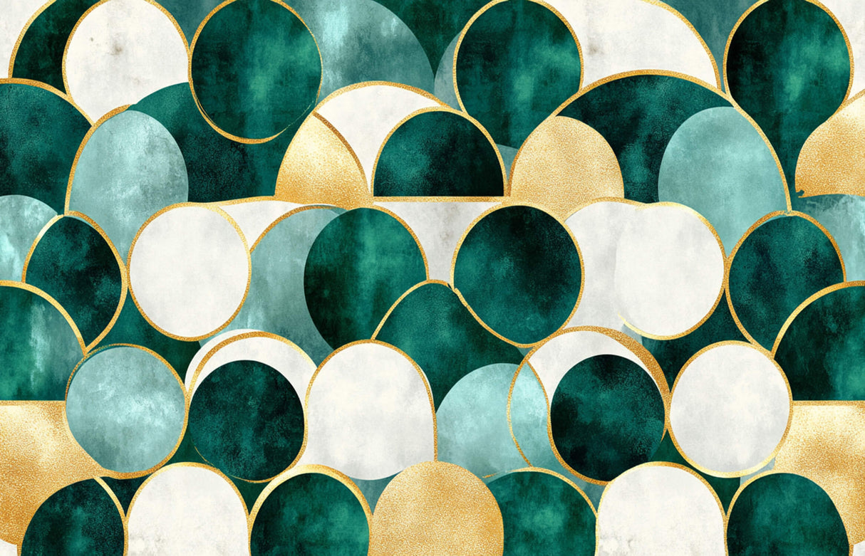 Geometric Mural Wallpaper | Art Deco Green and Gold Circles