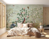 Birds Mural Wallpaper | Exotic Garden with Pink Flowers