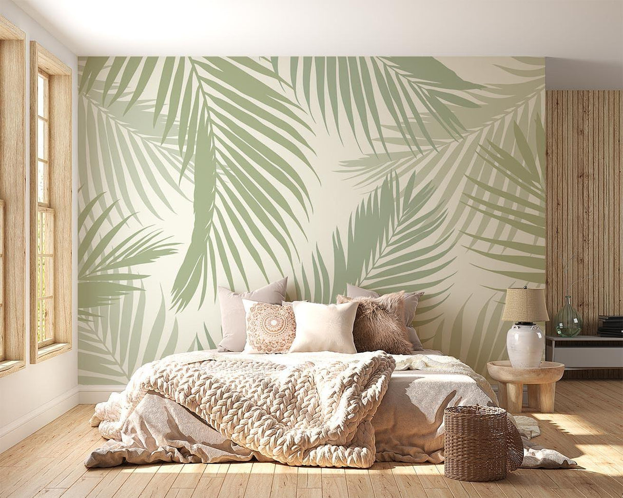 Tropical Mural Wallpaper | Sage Green Palm Leaves Pattern