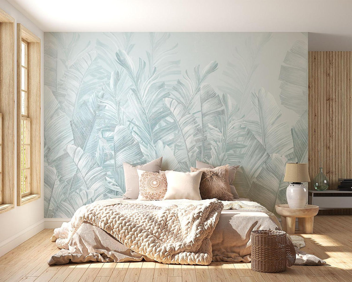 Tropical Mural Wallpaper | Soft Blue Palm Leaves Design