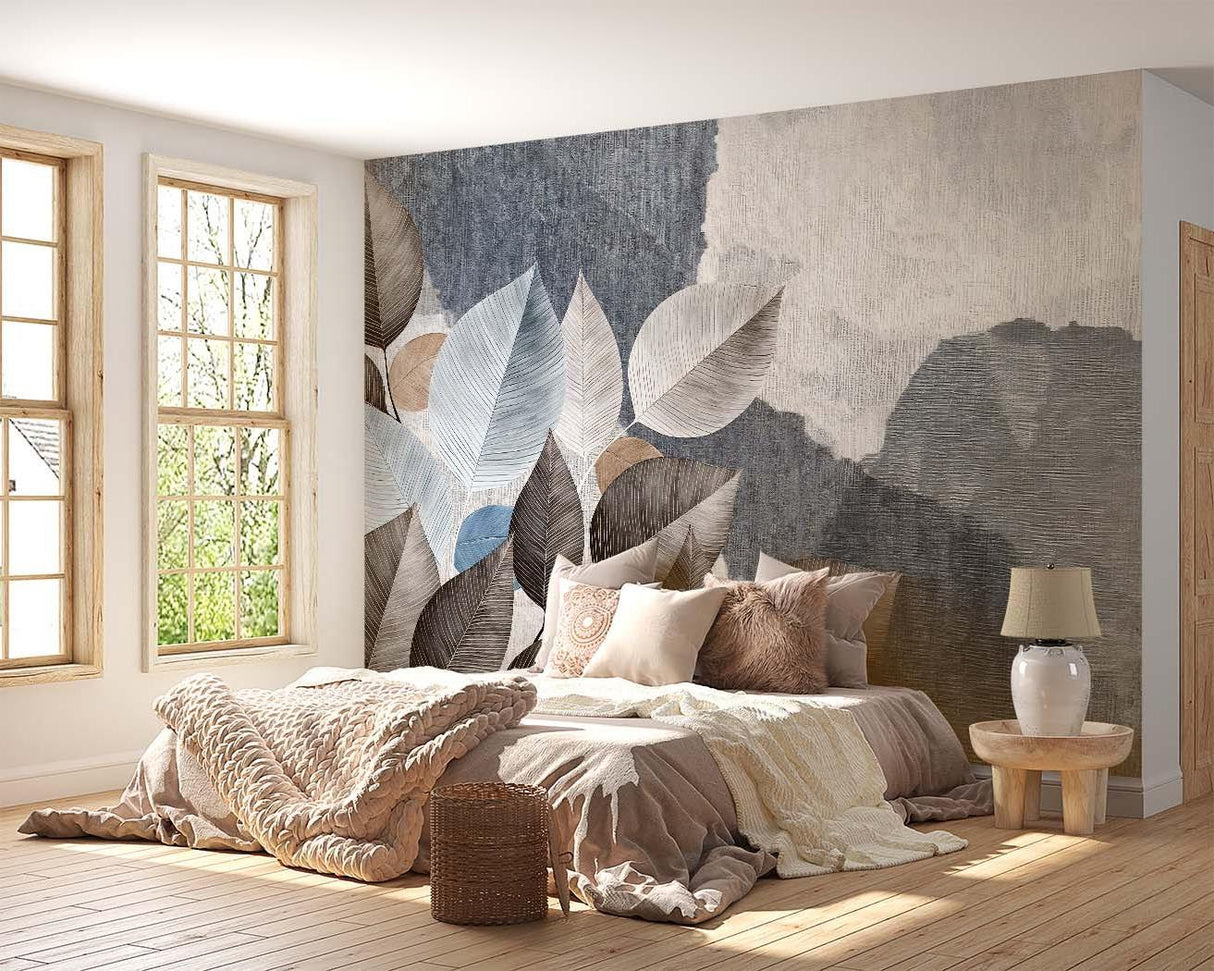 Botanical Mural Wallpaper | Modern Grey Leaf Design